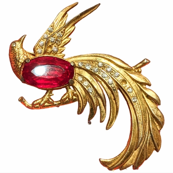 Vintage 1940 red & gold faceted rare crystal Gold plate bird of Paradise - Picture 14 of 16